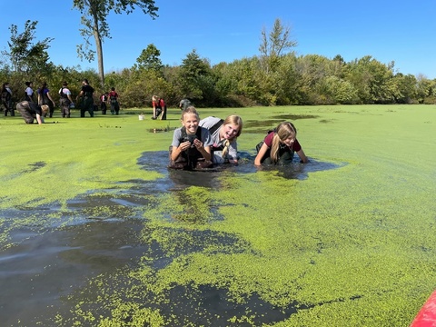 Students wade in water